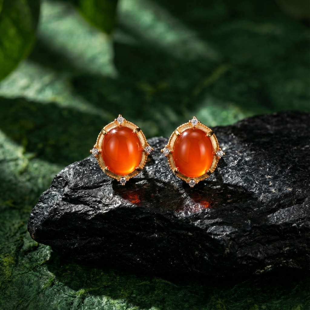 Ice Red Agate Inlaid Stud Earrings