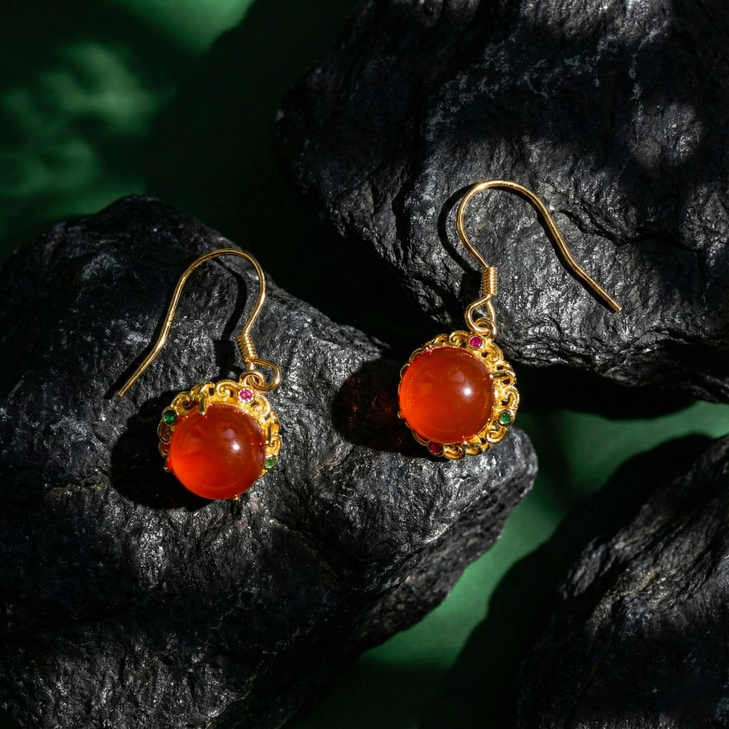 Red Agate Inlaid Drop Earrings A
