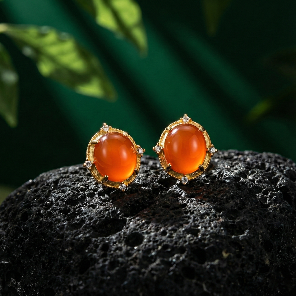Ice Red Agate Inlaid Stud Earrings
